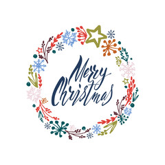 Lettering Merry Christmas. Merry Christmas greeting card. Christmas wreath.