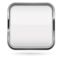 Square white button with bold chrome frame. 3d shiny icon