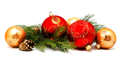 Christmas decoration red golden yellow balls with fir cones