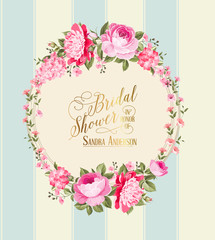 Wedding invitation card with pink flowers. Vintage wedding invitation card template with boy and girl names and flower garland. Vector illustration.