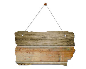 altes braunes Holzschild hängt an einer Metall Kette Holzbrett
