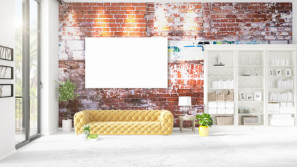 Fashionable modern loft interior with empty frame and copyspace in horizontal arrangement. 3D rendering.