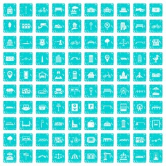 100 city icons set grunge blue