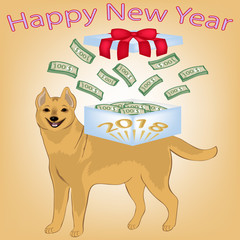 Poster for the new year with a smiling yellow dog. Symbol 2018. Christmas. Yellow dog isolated on a white background. 2018 - the year of the yellow dog. Vector illustration.