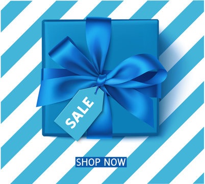 Decorative Blue Gift Box With Blue Bow And Sale Tag. Winter Holiday Or Father's Day Decoration. Vector Illustration