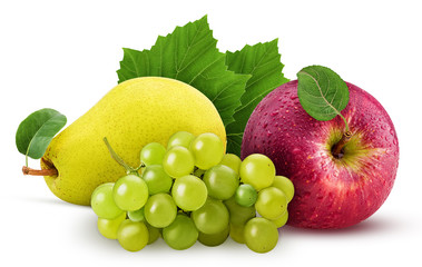 Grapes yellow pear and red apple with leaf