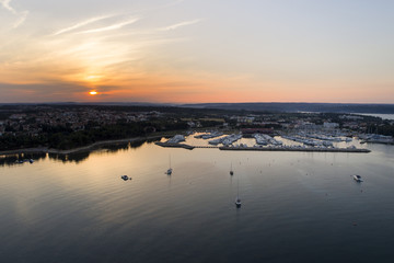 Fototapeta premium aerial drone view of sunrise over novigrad