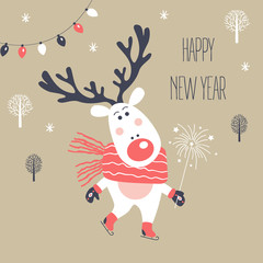 Christmas and New Year card with deer. Vector illustration