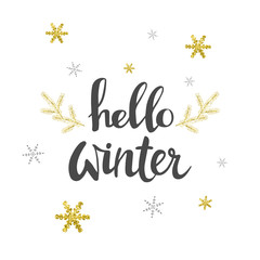 Hello winter. Greeting card with gold snowflakes. Design Elements. Vector illustration