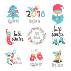 Winter lettering set with holiday elements. Vector illustration