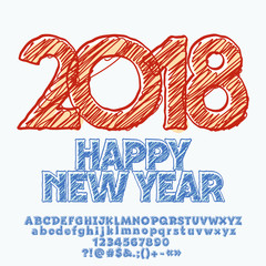 Vector Happy New Year Greeting Card with scetch drawing 2018. Handdrawn set of Alphabet letters, Numbers and punctuation Symbols. Graphic style Font
