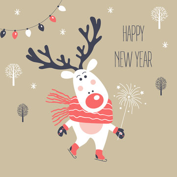 Christmas and New Year card with deer. Vector illustration