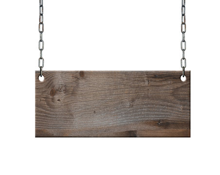 altes braunes Holzschild hängt an einer Metall Kette Holzbrett
