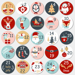 Christmas Advent calendar with hand drawn elements. Xmas Poster. Vector illustration