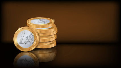 Horizontal dark background with place for your text. 1 Euro coin standing on the edge near a stack of lying coins. Stock vector illustration