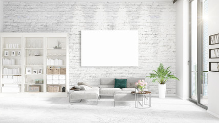 Fashionable modern loft interior with empty frame and copyspace in horizontal arrangement. 3D rendering.