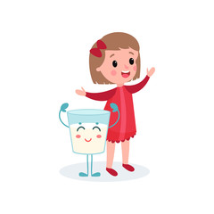 Cute girl playing with humanized glass of milk, healthy food for kid cartoon vector illustration