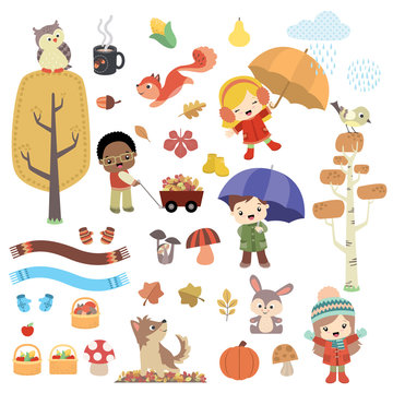Autumn inspired design elements with children and animals