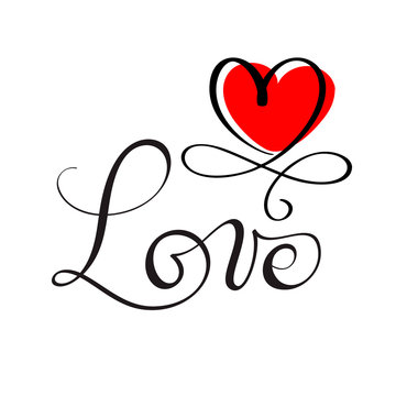 LOVE original custom hand lettering, handmade calligraphy, design element of the red heart flourish