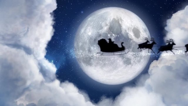 Santa Claus reindeer sleight silhouette flying in moonlight, merry christmas message,text space for logo type or copy.Christmas eve moon night and clouds.Animated present greeting post card 4k video
