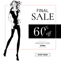 Black and white fashion sale banner with woman fashion silhouette, online shopping social media ads web template with beautiful girl. Vector illustration