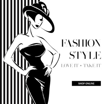 Black and white fashion sale banner with woman fashion silhouette, online shopping social media ads web template with beautiful girl. Vector illustration