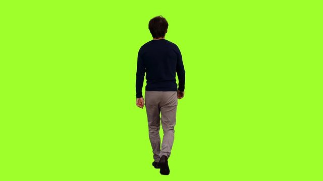 Back view of a walking man on green screen background, Chroma key