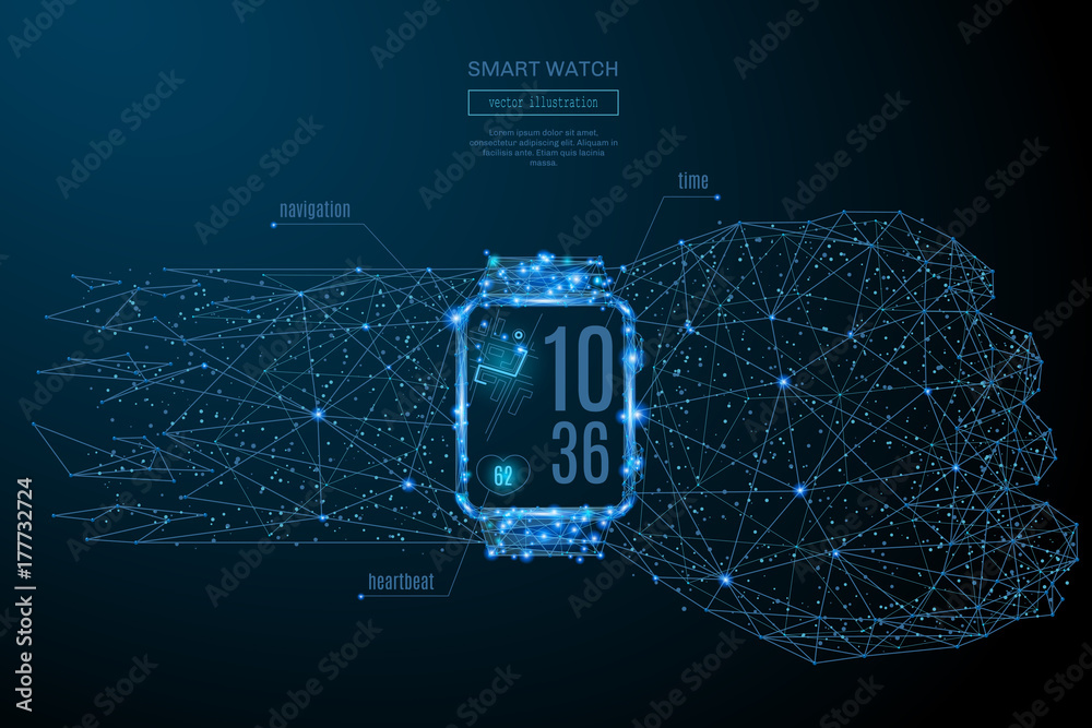 Poster Abstract image of a Smart watch in the form of a starry sky or space, consisting of points, lines, and shapes in the form of planets, stars and the universe. Vector Technology concept. Gadget image