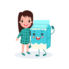 Adorable brunette girl playing with smiling humanized cardboard box of milk, healthy food for kid cartoon vector illustration