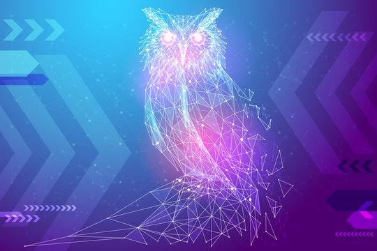 Abstract image owl bird in the form of a starry sky or space, consisting of points, lines, and shapes in the form of planets, stars and the universe. Education vector wireframe concept. Blue purple