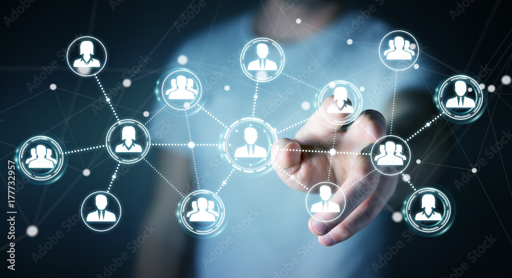 Poster Businessman using social network connection 3D rendering