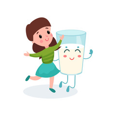 Lovely girl playing with humanized glass of milk with smiling face, healthy food for kid cartoon vector illustration