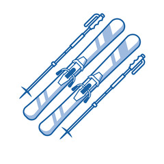 Thin line skis icon. Mountain skiing logo or label template with ski and poles. 