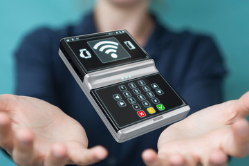 Businesswoman using contactless terminal payment 3D rendering