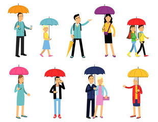 People under umbrella of various colors set, men and women walking with umbrella cartoon vector illustrations