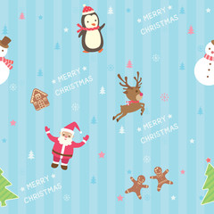 Seamless pattern of Merry Christmas festival design with santa claus, reindeer, snowman, penguin and christmas tree on blue pattern background.