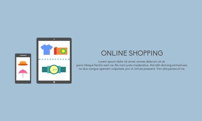 Online Shopping Landscape Banner Purchase Time in shop for Website Banner, Landing Page, Info Graphic , poster in flat design trendy style isolated in blue background