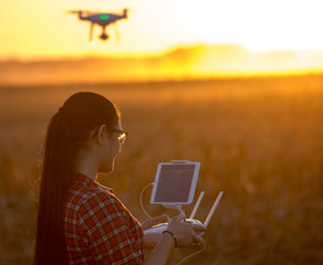 Woman navigating drone above farmland - obrazy, fototapety, plakaty