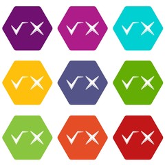 Tick and cross icon set color hexahedron