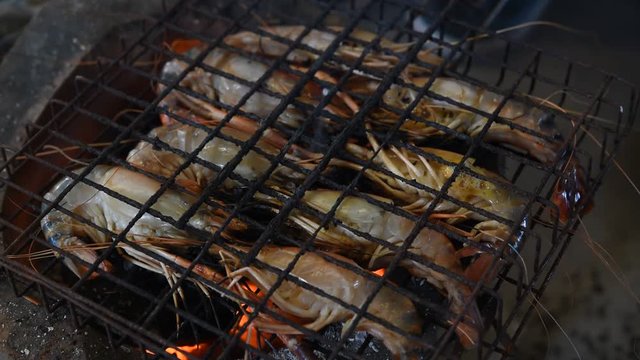Grilled shrimp (Giant freshwater prawn) grilling with charcoal