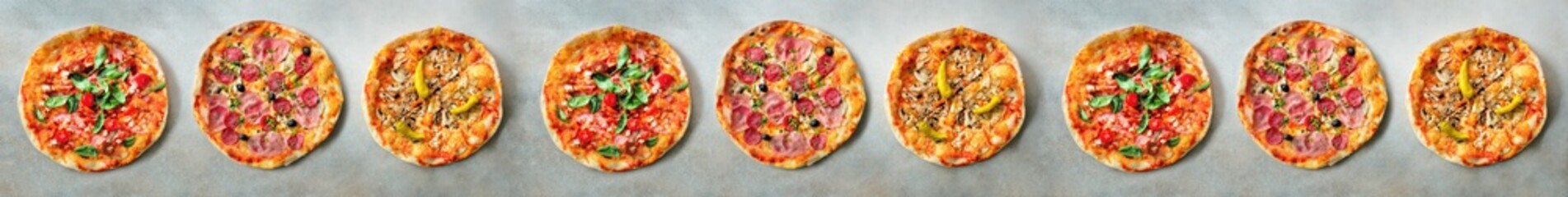 Pizza pattern. Nine pieces set on grey concrete background. Top view, copyspace