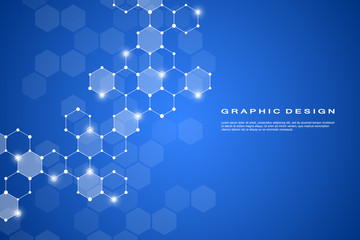 Abstract hexagonal molecule background, genetic and chemical compounds system. Geometric graphics and connected lines with dots. Scientific and technological concept, vector illustration