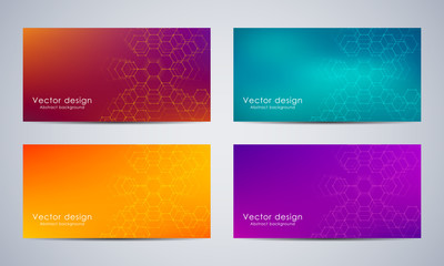 Abstract banner design with hexagonal background. Geometric graphics and connected lines with dots. Scientific and technological concept, vector illustration