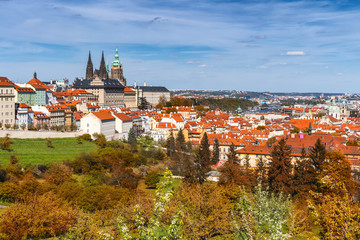 Prague, Czezh Republic. Scenic autumn aerial view of the Old Town with red foliage