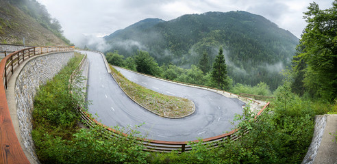 Winding mountain road in a forest. Foggy wet weather and slippery asphalt. Alps, Slovenia. - Powered by Adobe