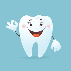 Happy cartoon tooth with smile and okay gesture isolated on blue background. Vector illustration for dentistry.
