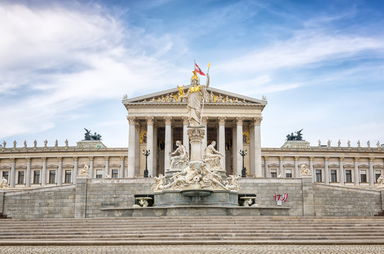 Austrian Parliament Building /
The Pallas-Athene Fountain in front of the Neoclassical temple of parliament government in Vienna, Austria