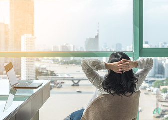Life-work balance and carefree mental health concept with woman take it easy working and  resting...
