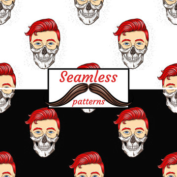 Guy and skull. Fancy hairstyle. Seamless patterns.