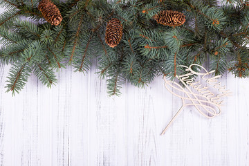 Christmas  fir-tree branch  on a wooden wall and copy space